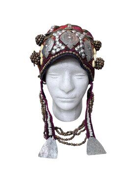 Antique Handmade Thailand Akha Hill Tribe Hat Beaded Headdress Thai Shells Vtg